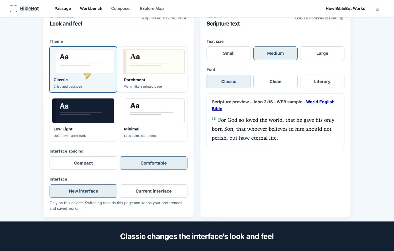 Preview: choose a theme and reading preferences