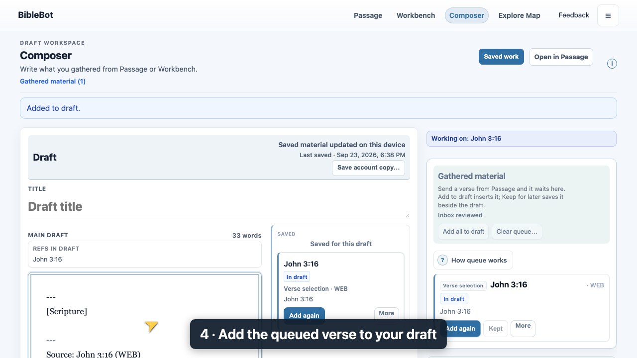 Still preview of sending selected material to Composer